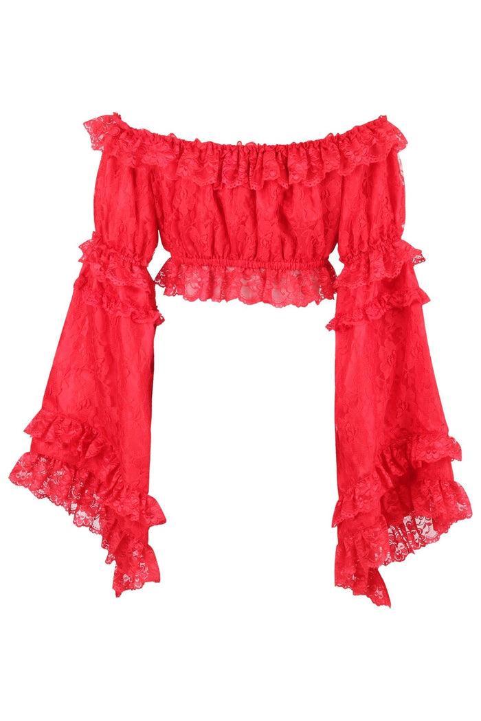 Daisy Beachwear Red Lace Smocked Flare Sleeve Peasant Top