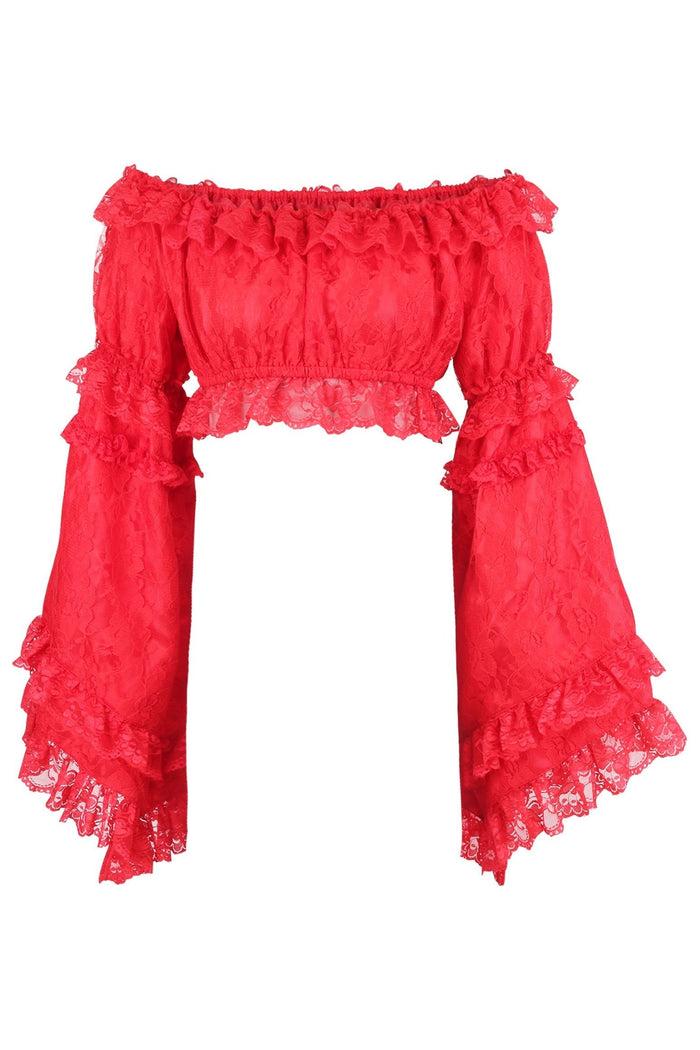 daisy beachwear Red Lace Smocked Flare Sleeve Peasant Top