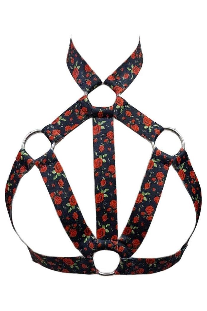 daisy beachwear Red Roses Stretchy Body Harness w/Silver Hardware