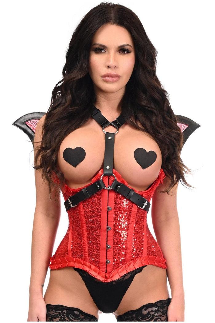 Daisy Beachwear Red Sequin W/Black Faux Leather Bat Wings Body Harness