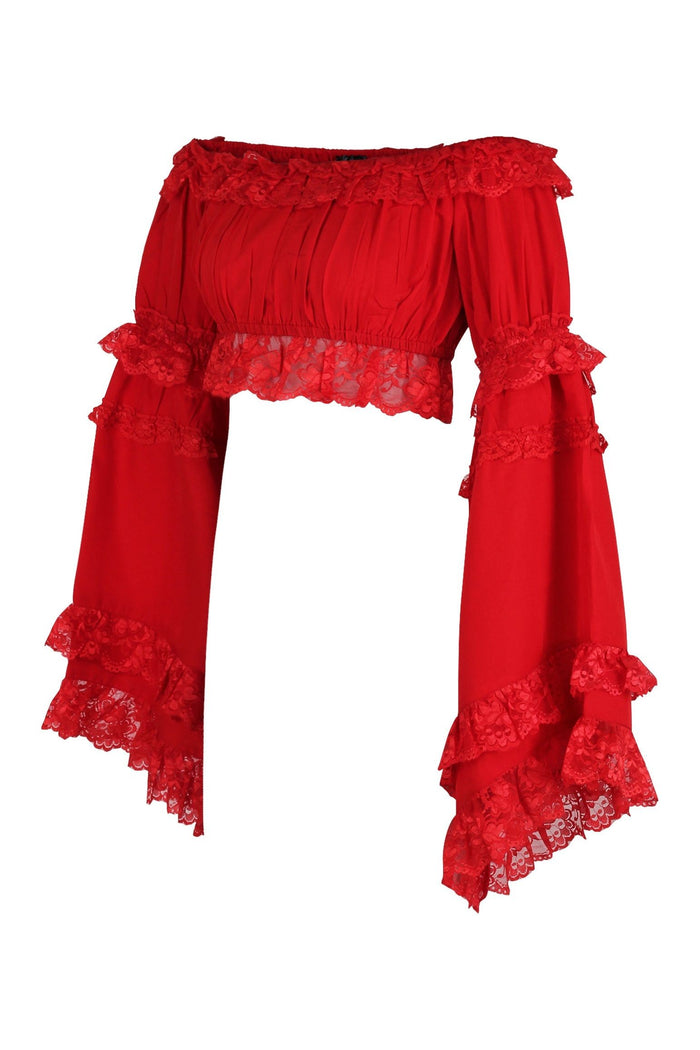 Daisy Beachwear Red Smocked Flare Sleeve Peasant Top