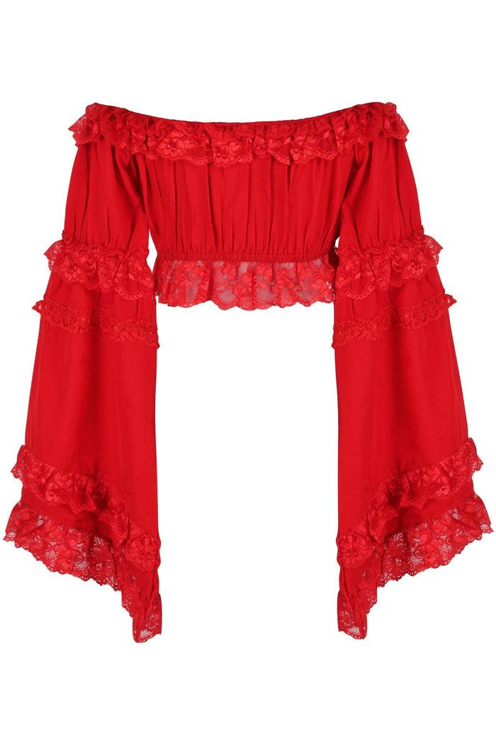 Daisy Beachwear Red Smocked Flare Sleeve Peasant Top