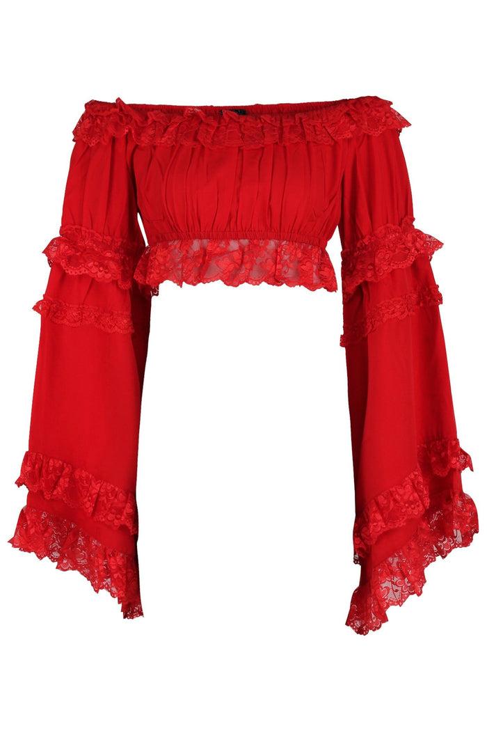 daisy beachwear Red Smocked Flare Sleeve Peasant Top