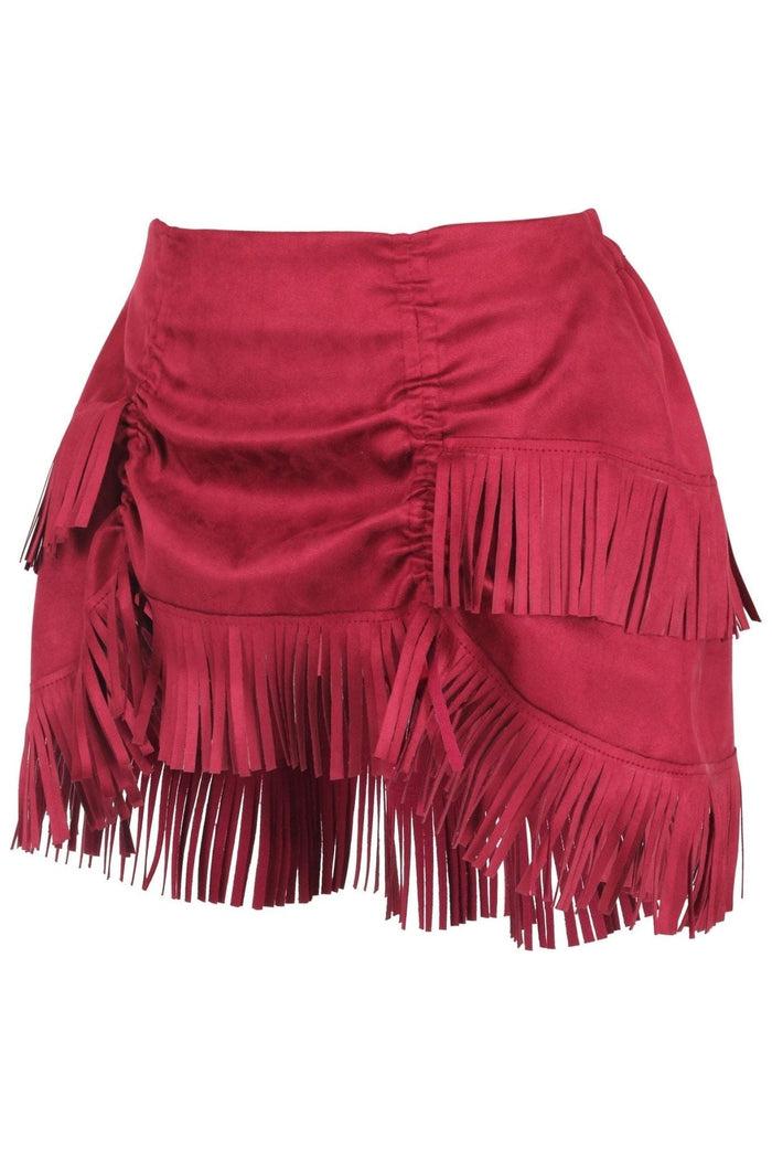 Daisy Beachwear Red Suede Ruched Bustle Skirt W/Fringe