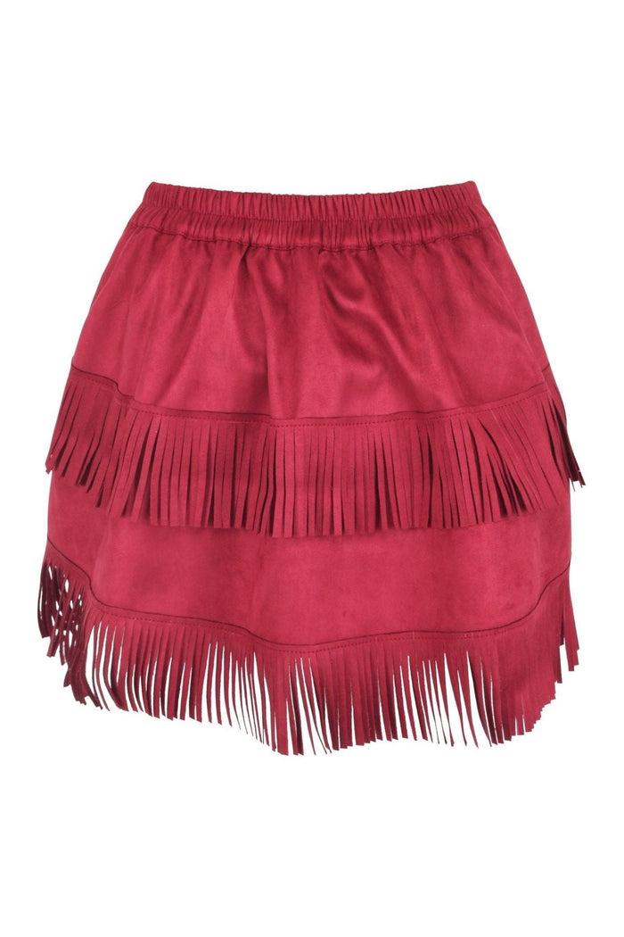 Daisy Beachwear Red Suede Ruched Bustle Skirt W/Fringe