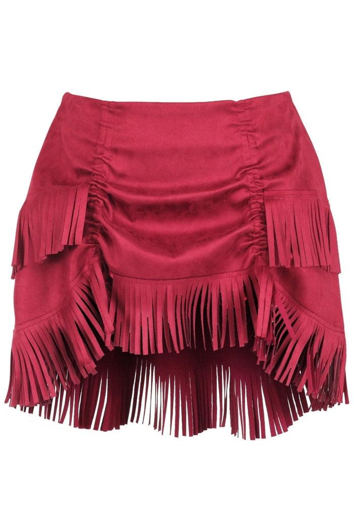 daisy beachwear Red Suede Ruched Bustle Skirt w/Fringe
