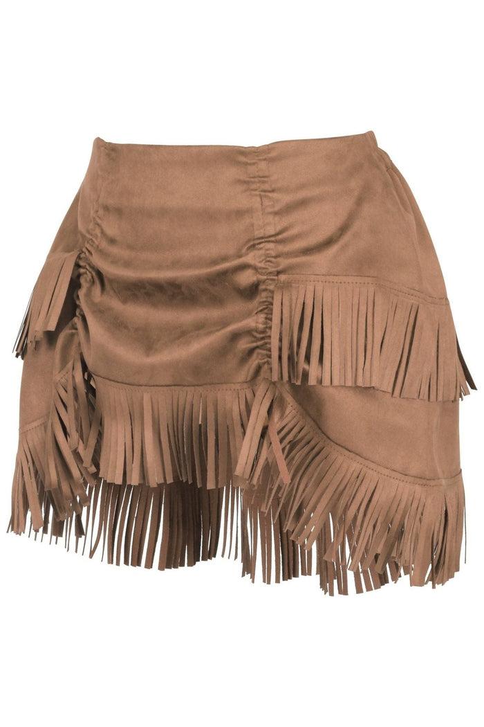 Daisy Beachwear Tan Suede Ruched Bustle Skirt W/Fringe