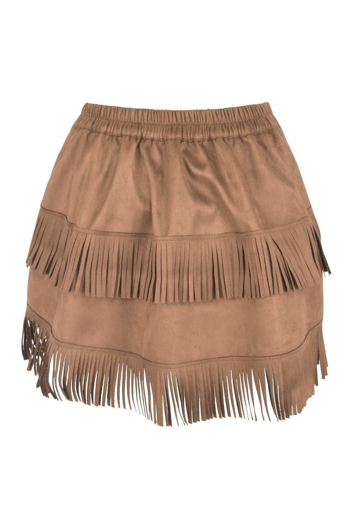 Daisy Beachwear Tan Suede Ruched Bustle Skirt W/Fringe