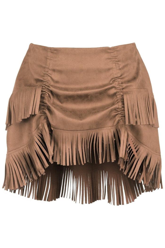 daisy beachwear Tan Suede Ruched Bustle Skirt w/Fringe