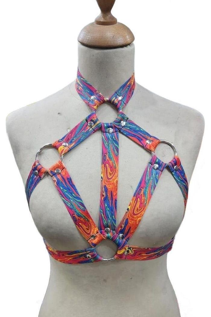 daisy beachwear Tie Dye Print Stretchy Body Harness w/Silver Hardware