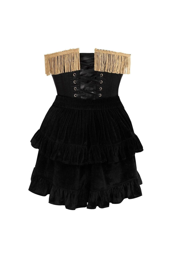 Daisy Beachwear Top Drawer 2 PC Burlesque Black & Dark Red Steel Boned Corset W/Gold Fringe & Skirt Set