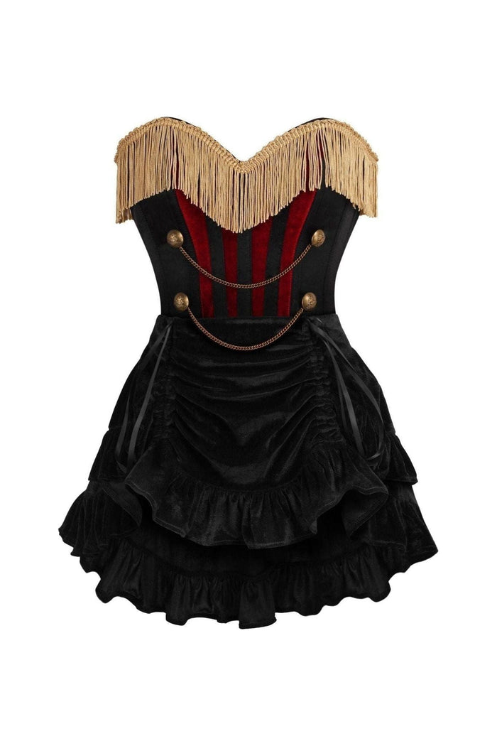 daisy beachwear Top Drawer 2 PC Burlesque Black & Dark Red Steel Boned Corset w/Gold Fringe & Skirt Set