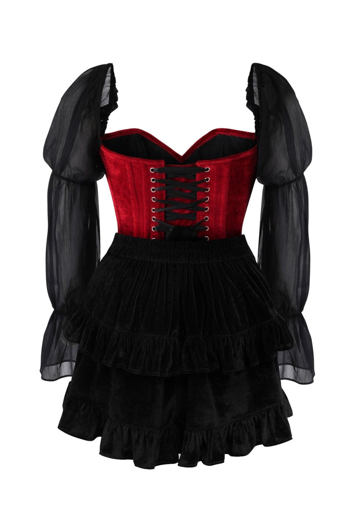 Daisy Beachwear Top Drawer 2 PC Dark Red Velvet Steel Boned Corset W/Sleeves & Skirt Set