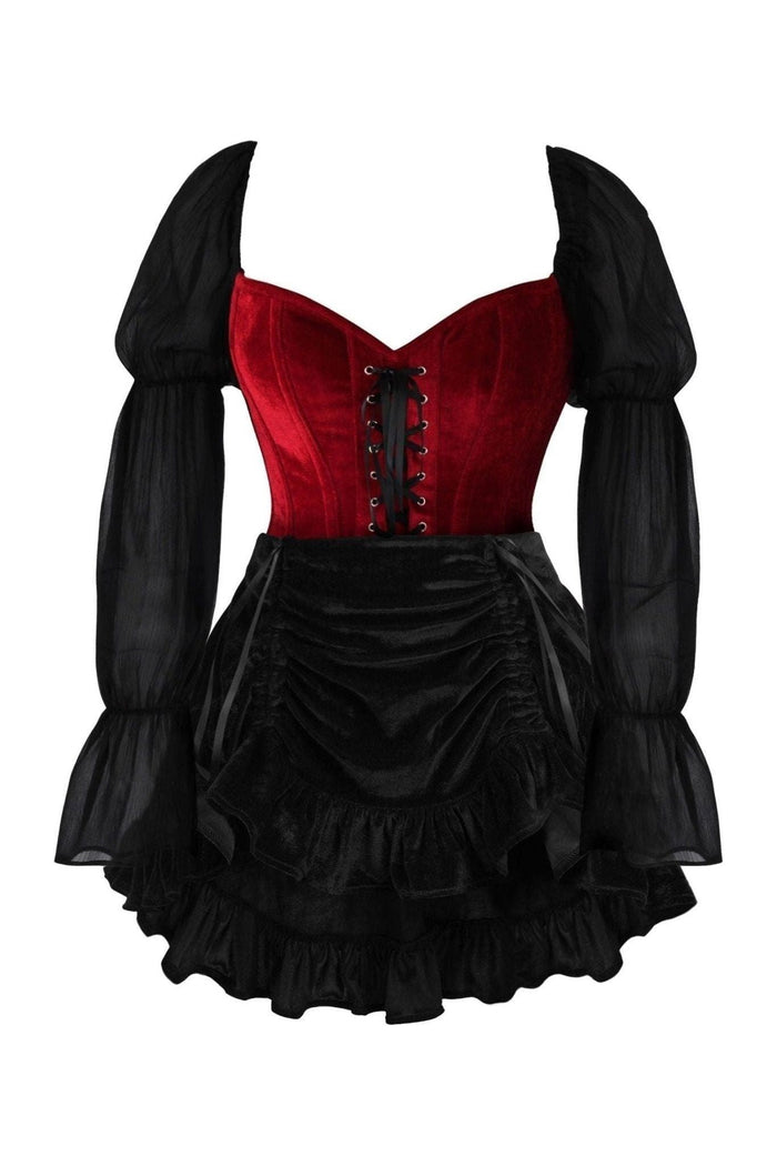 daisy beachwear Top Drawer 2 PC Dark Red Velvet Steel Boned Corset w/Sleeves & Skirt Set
