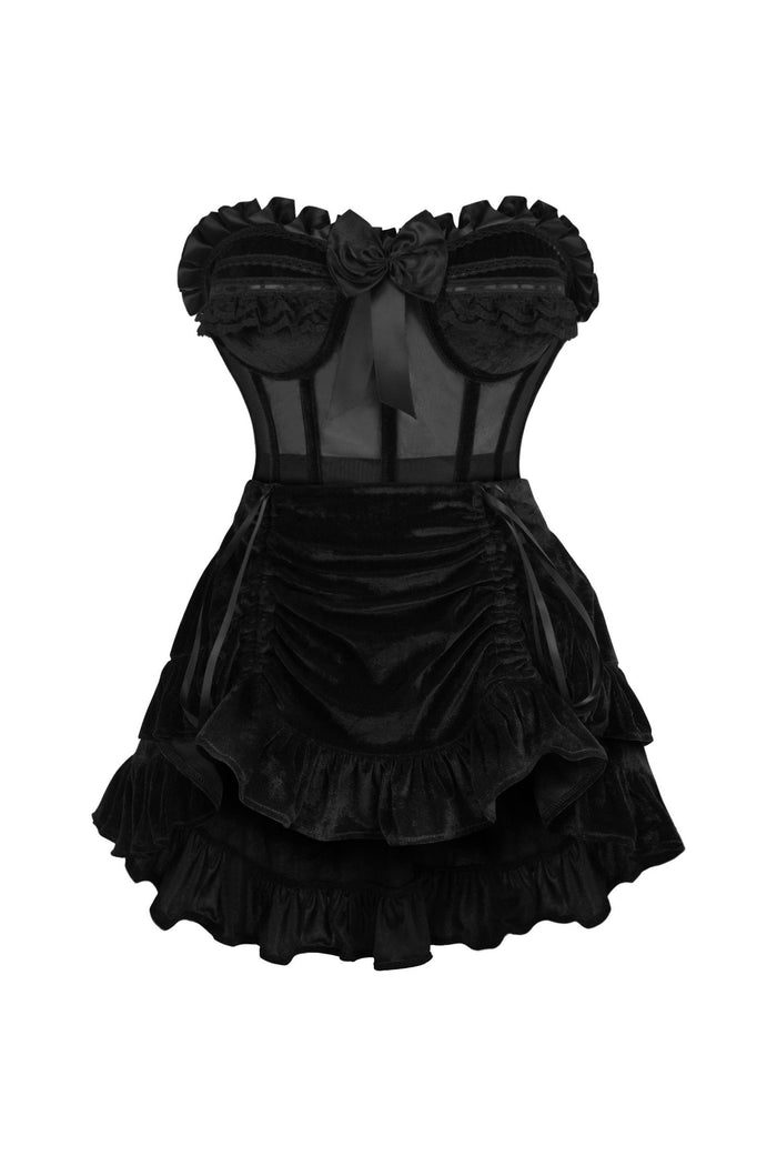 daisy beachwear Top Drawer 2 PC Steel Boned Black Mesh & Velvet Underwire Bustier Corset & Skirt Set