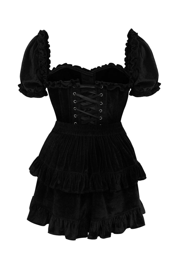 Daisy Beachwear Top Drawer 2 PC Steel Boned Black Velvet Overbust Corset W/Sleeves & Skirt Set
