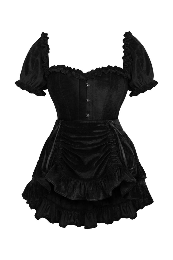 daisy beachwear Top Drawer 2 PC Steel Boned Black Velvet Overbust Corset w/Sleeves & Skirt Set