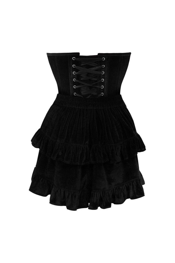 Daisy Beachwear Top Drawer 2 PC Steel Boned Black Velvet Plunge Corset & Skirt Set