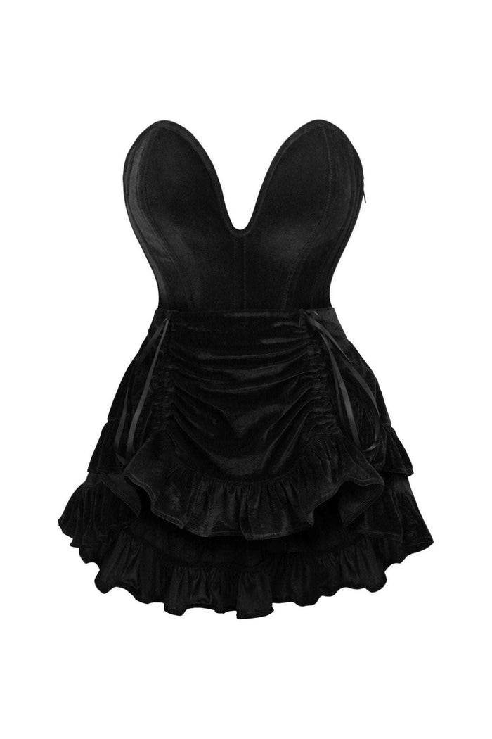 daisy beachwear Top Drawer 2 PC Steel Boned Black Velvet Plunge Corset & Skirt Set