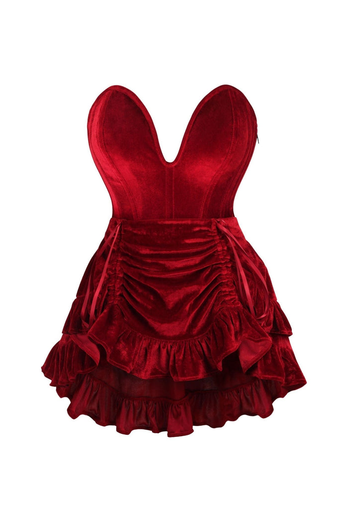 daisy beachwear Top Drawer 2 PC Steel Boned Dark Red Velvet Plunge Corset & Skirt Set