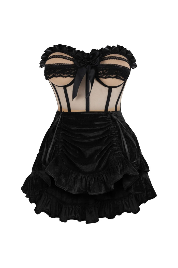 daisy beachwear Top Drawer 2 PC Steel Boned Nude & Black Mesh Underwire Bustier Corset & Skirt Set