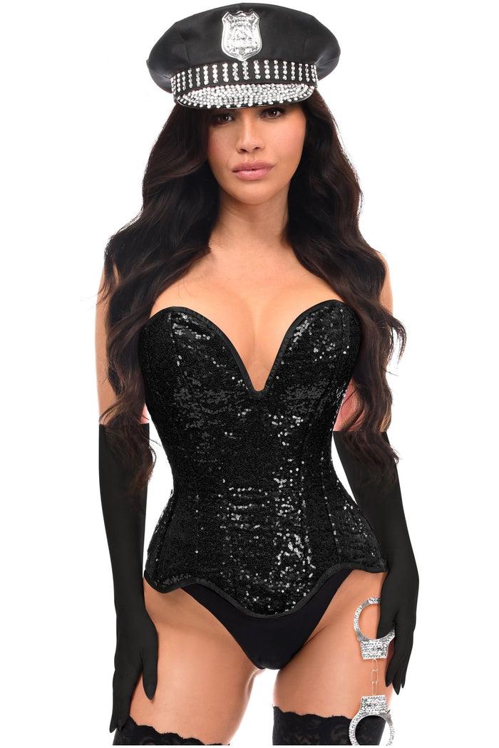 Daisy Beachwear Top Drawer 4 PC Black Sequin Corset Cop Costume
