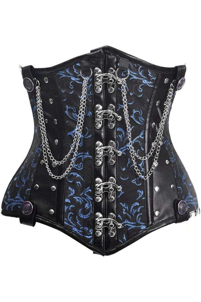 daisy beachwear Top Drawer Black/Blue Steel Boned Underbust Corset w/Chains and Clasps