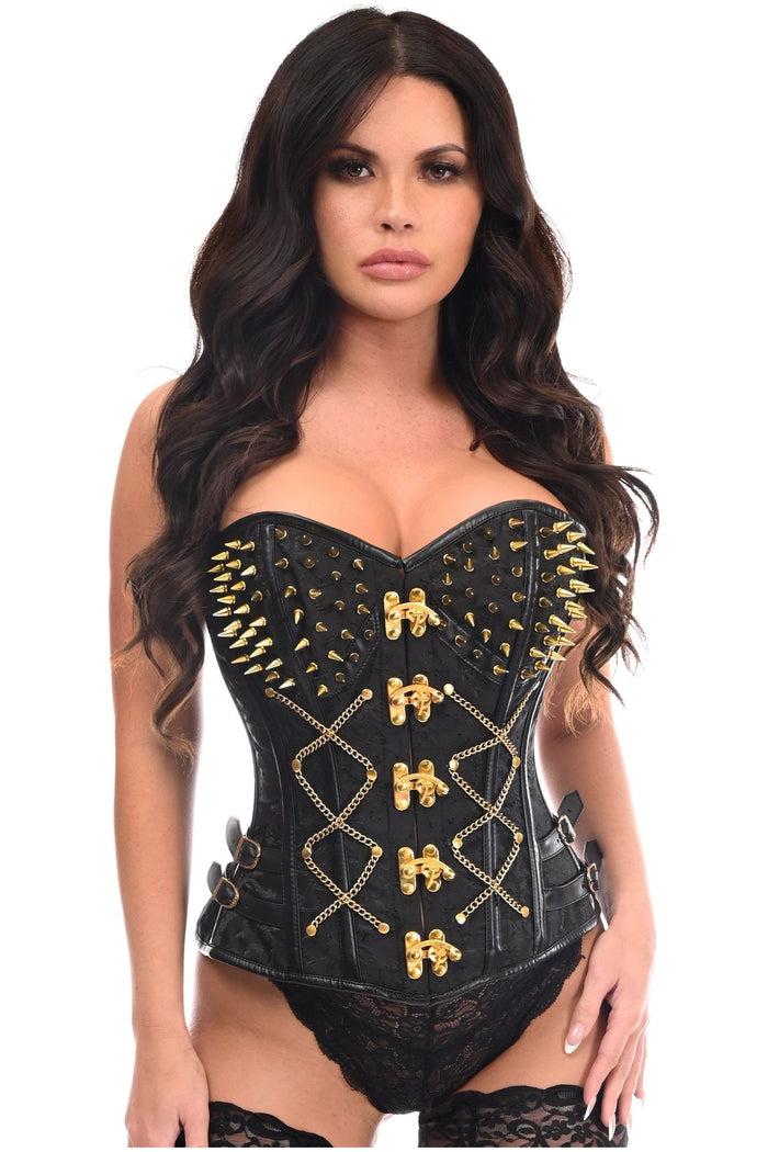 daisy beachwear Top Drawer Black Brocade & Gold Spikes Steel Boned Corset