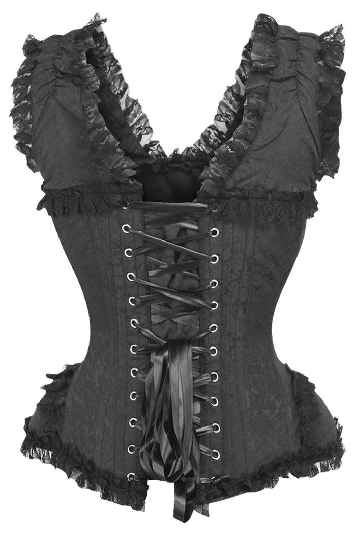Daisy Beachwear Top Drawer Black Brocade & Lace Steel Boned Corset W/Cap Sleeves