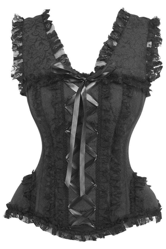 daisy beachwear Top Drawer Black Brocade & Lace Steel Boned Corset w/Cap Sleeves