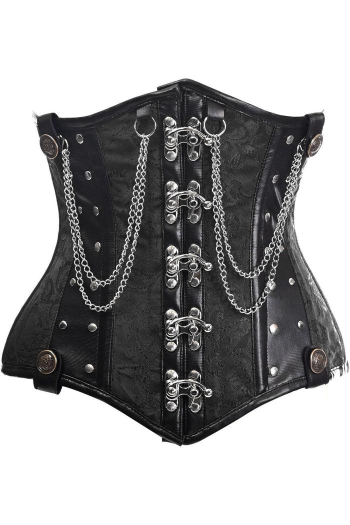 daisy beachwear Top Drawer Black Brocade Steel Boned Underbust Corset w/Chains and Clasps