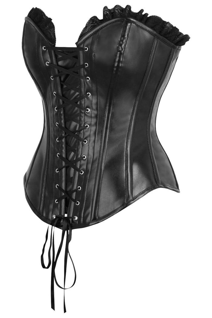 Daisy Beachwear Top Drawer Black Faux Leather & Black Lace Trim Lace-Up Steel Boned Corset