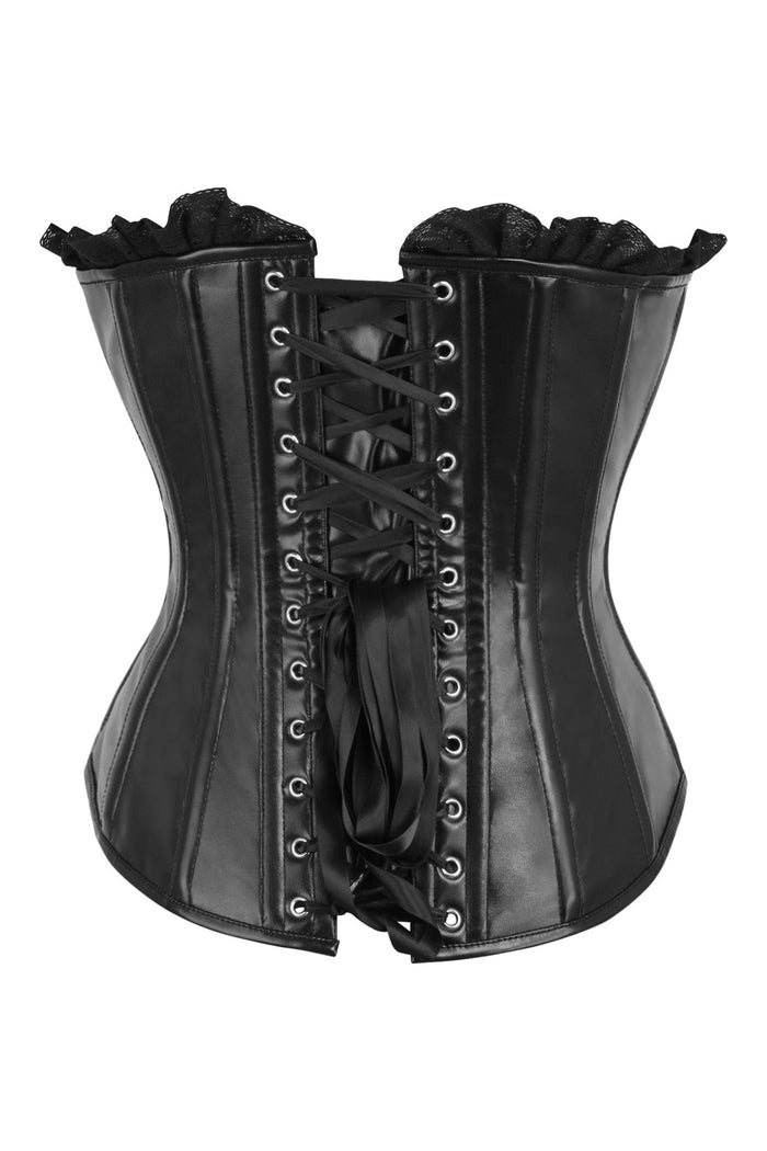 Daisy Beachwear Top Drawer Black Faux Leather & Black Lace Trim Lace-Up Steel Boned Corset