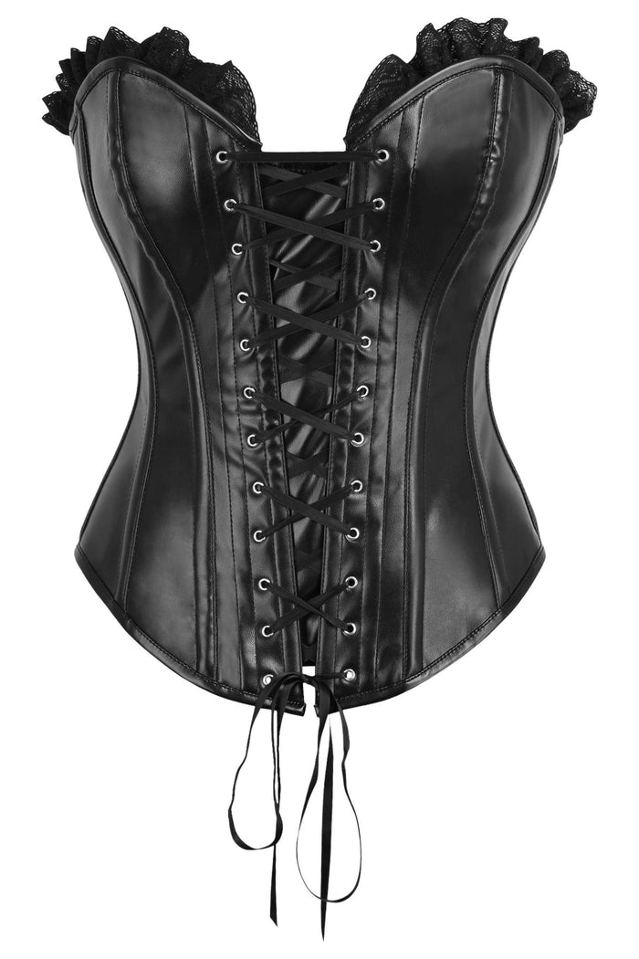 daisy beachwear Top Drawer Black Faux Leather & Black Lace Trim Lace-Up Steel Boned Corset