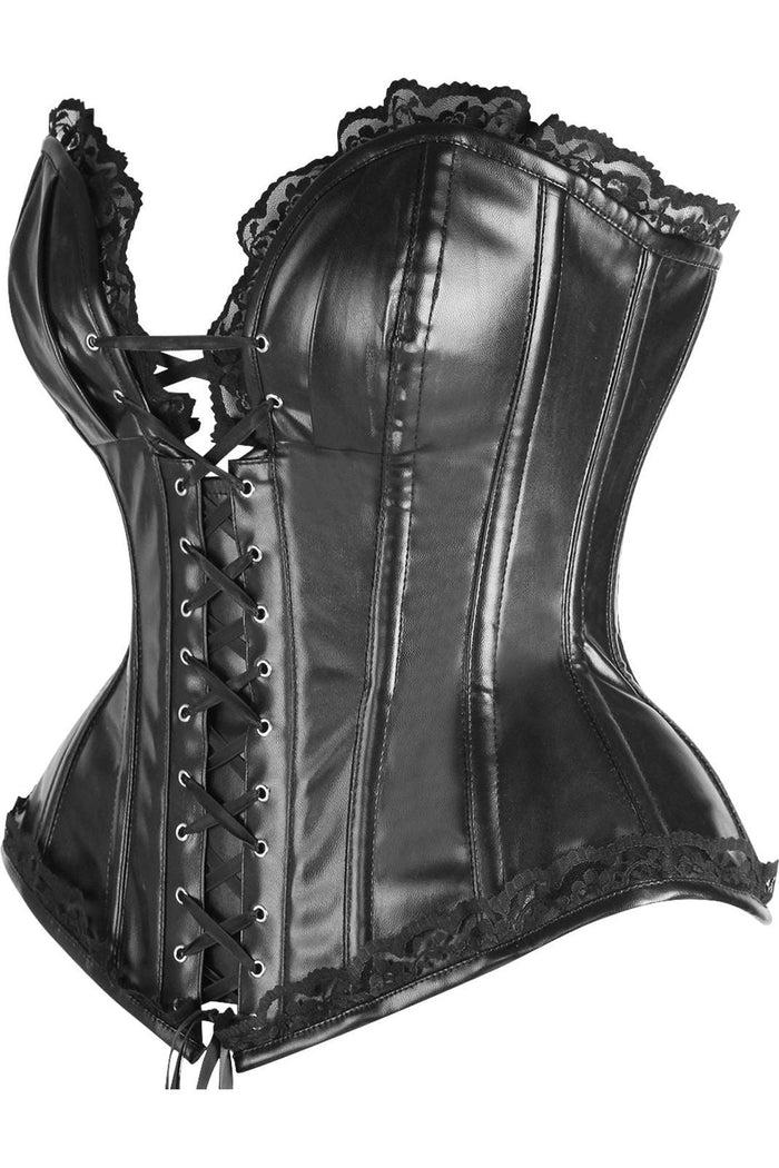 Daisy Beachwear Top Drawer Black Faux Leather & Lace Trim Steel Boned Corset