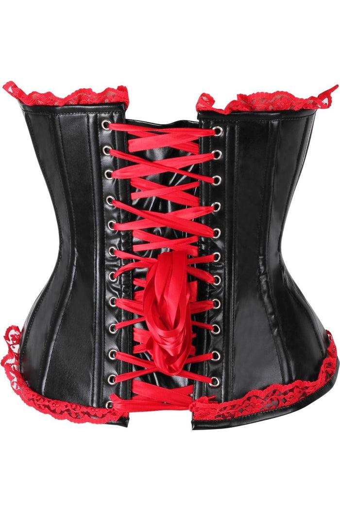 Daisy Beachwear Top Drawer Black Faux Leather & Red Lace Trim Steel Boned Corset