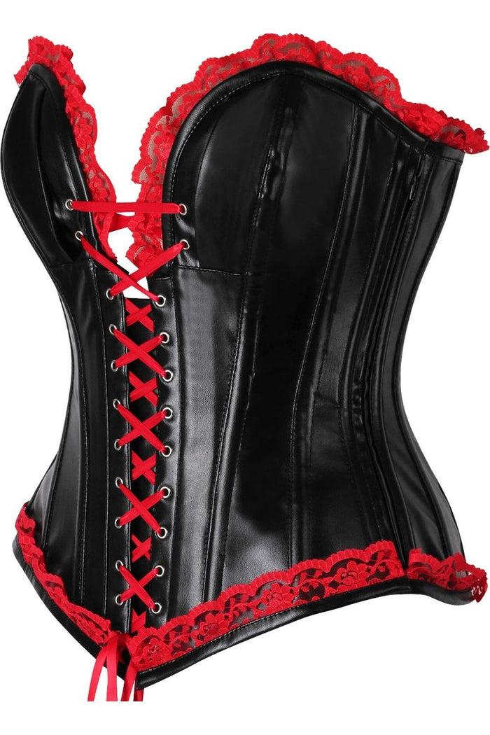 Daisy Beachwear Top Drawer Black Faux Leather & Red Lace Trim Steel Boned Corset