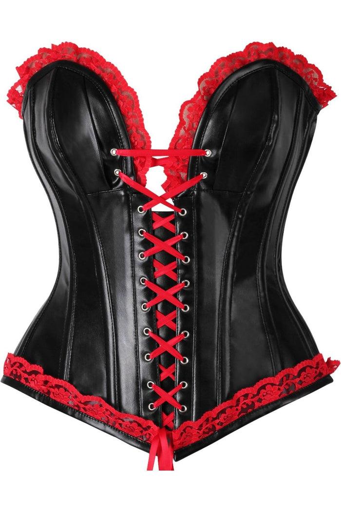 daisy beachwear Top Drawer Black Faux Leather & Red Lace Trim Steel Boned Corset