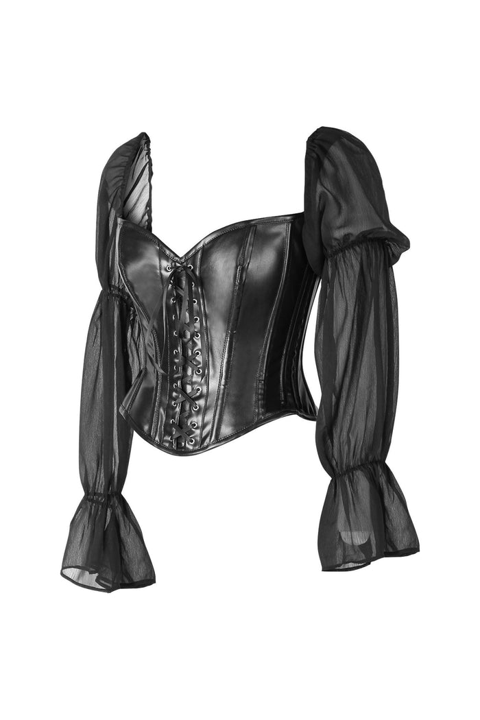 Daisy Beachwear Top Drawer Black Faux Leather Steel Boned Corset W/Sleeves