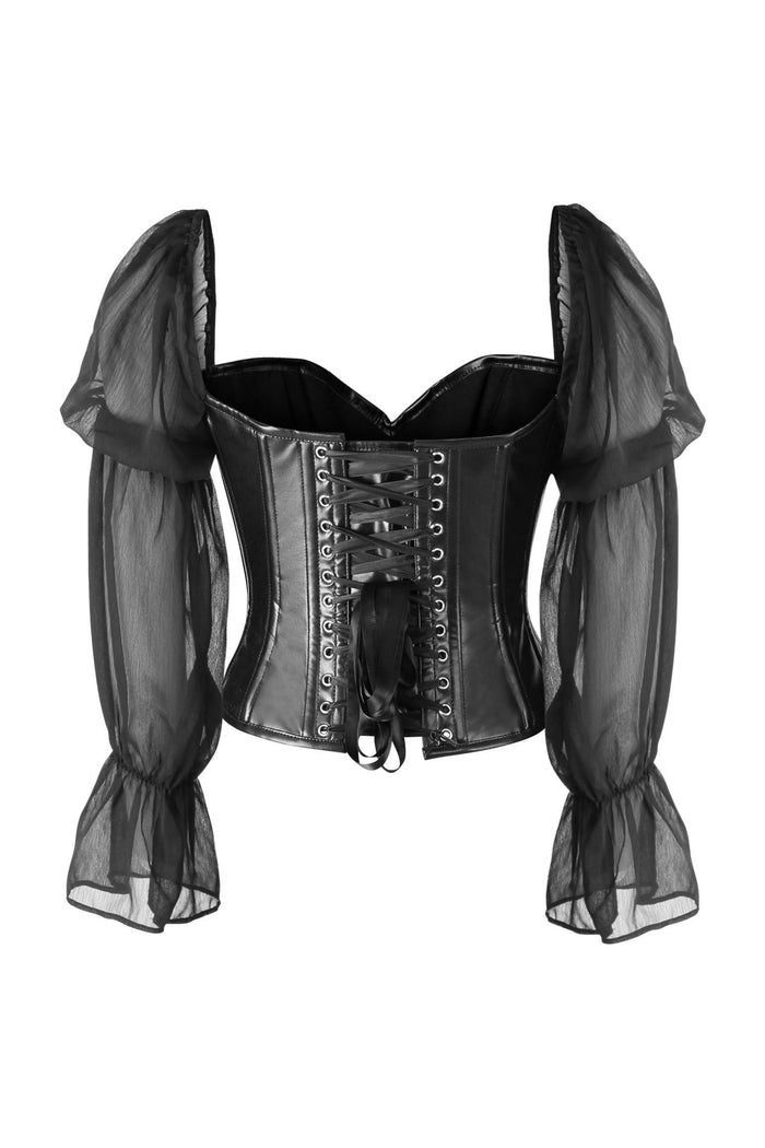 Daisy Beachwear Top Drawer Black Faux Leather Steel Boned Corset W/Sleeves