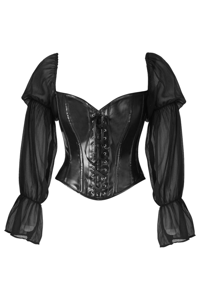 daisy beachwear Top Drawer Black Faux Leather Steel Boned Corset w/Sleeves