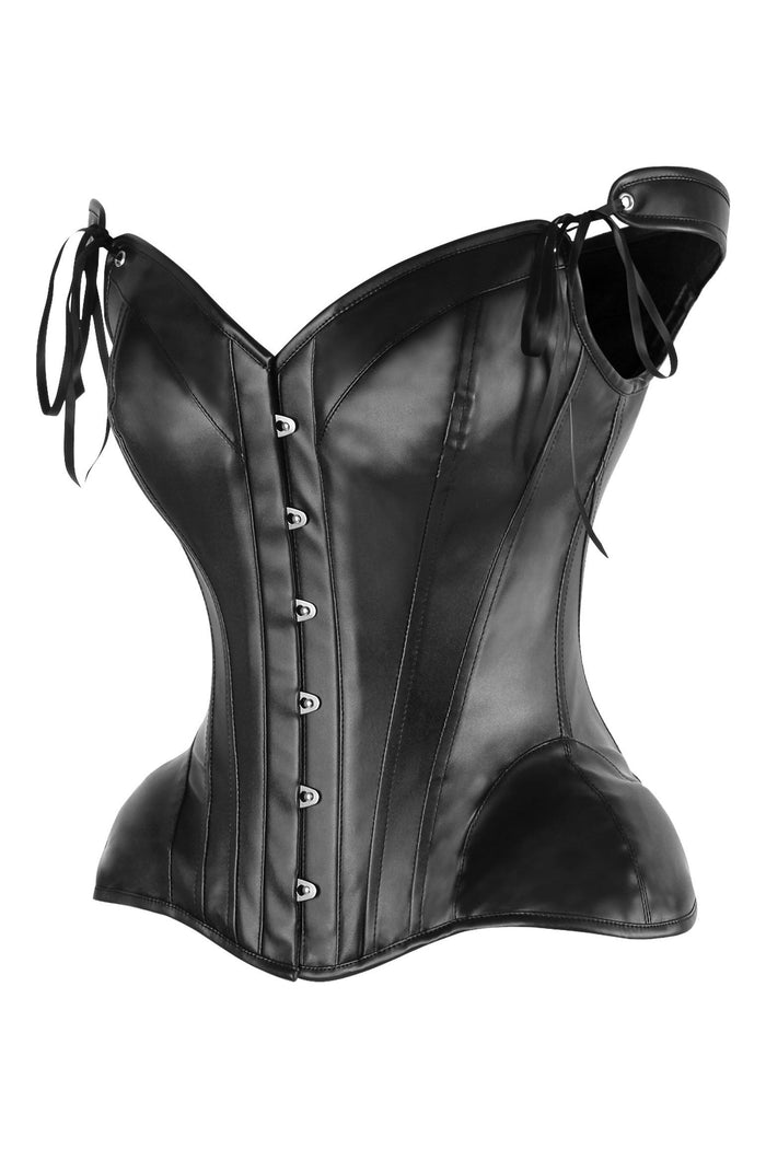 Daisy Beachwear Top Drawer Black Faux Leather Steel Boned Corset W/Straps