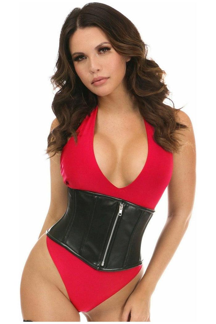 daisy beachwear Top Drawer Black Faux Leather Steel Boned Mini Cincher