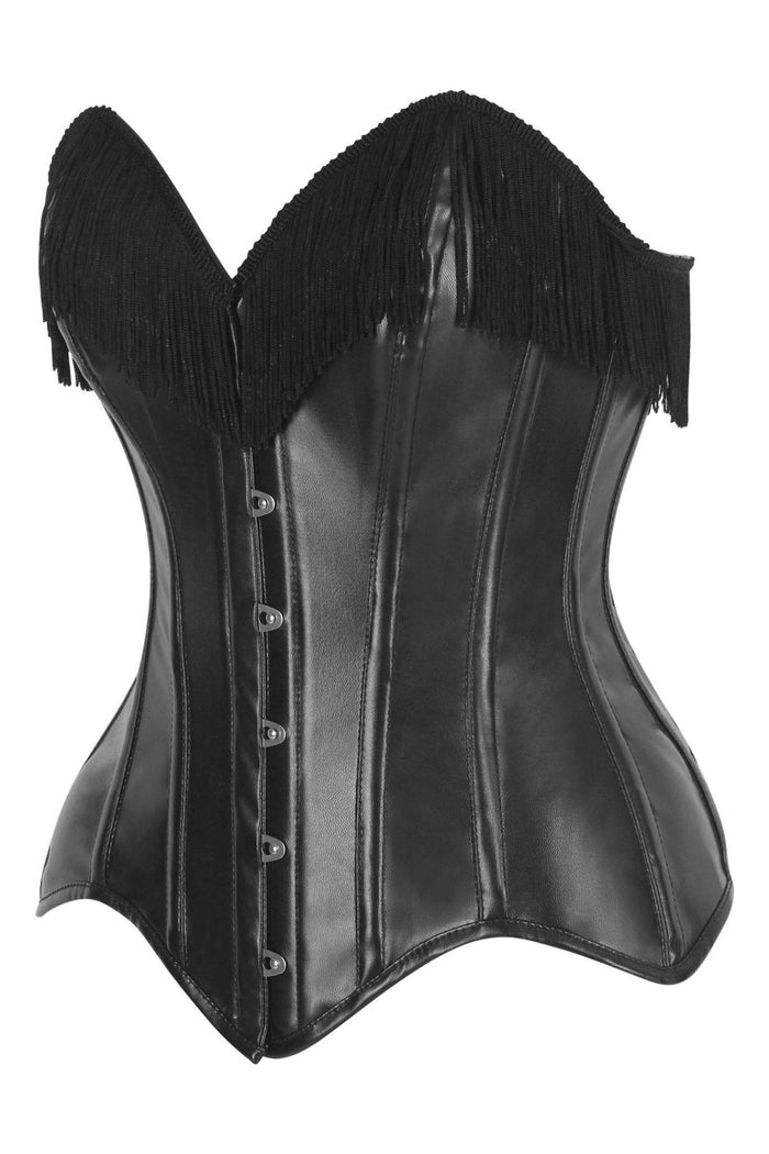 Daisy Beachwear Top Drawer Black Faux Leather Steel Boned Overbust Corset W/Fringe