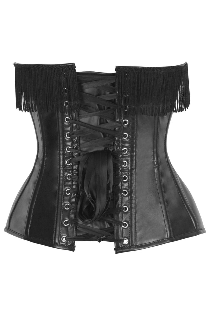 Daisy Beachwear Top Drawer Black Faux Leather Steel Boned Overbust Corset W/Fringe