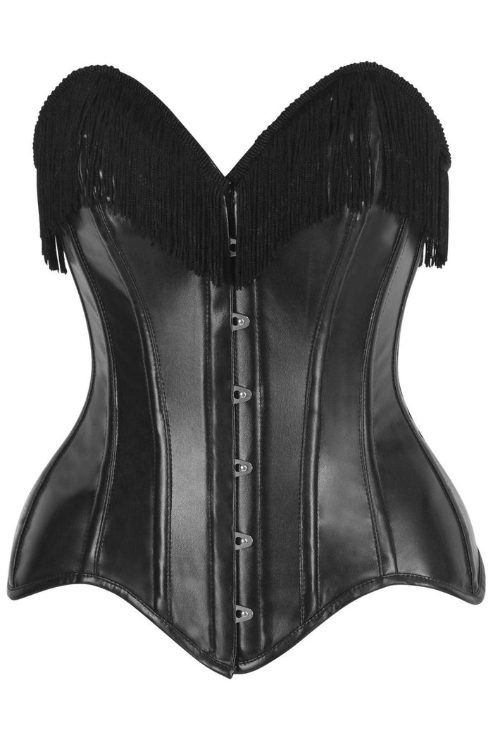 daisy beachwear Top Drawer Black Faux Leather Steel Boned Overbust Corset w/Fringe