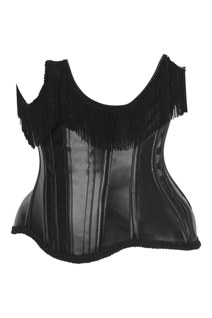 Daisy Beachwear Top Drawer Black Faux Leather Steel Boned Underbust Corset W/Fringe
