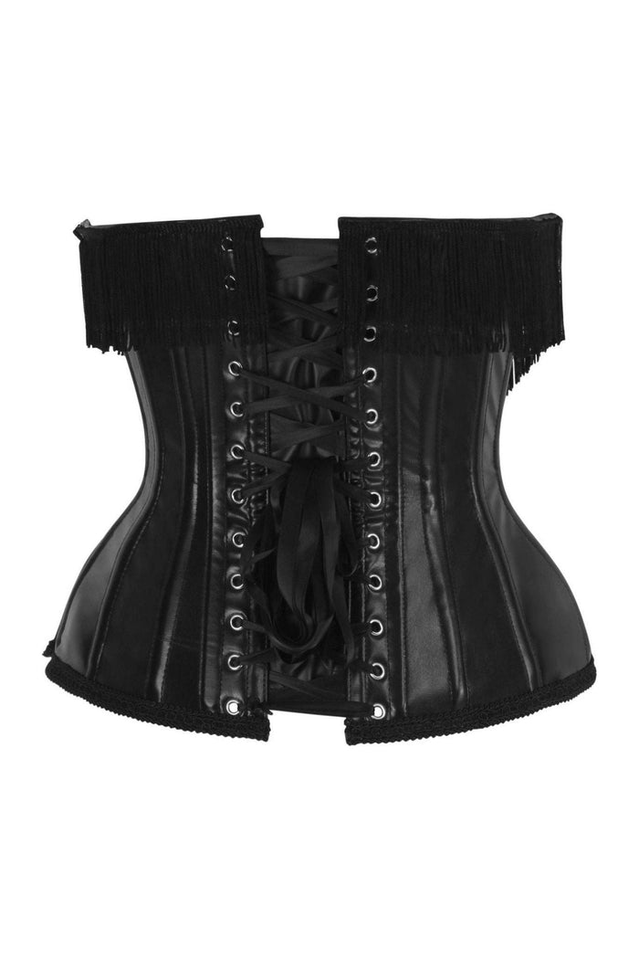 Daisy Beachwear Top Drawer Black Faux Leather Steel Boned Underbust Corset W/Fringe