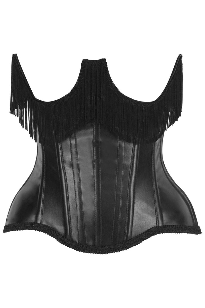 daisy beachwear Top Drawer Black Faux Leather Steel Boned Underbust Corset w/Fringe