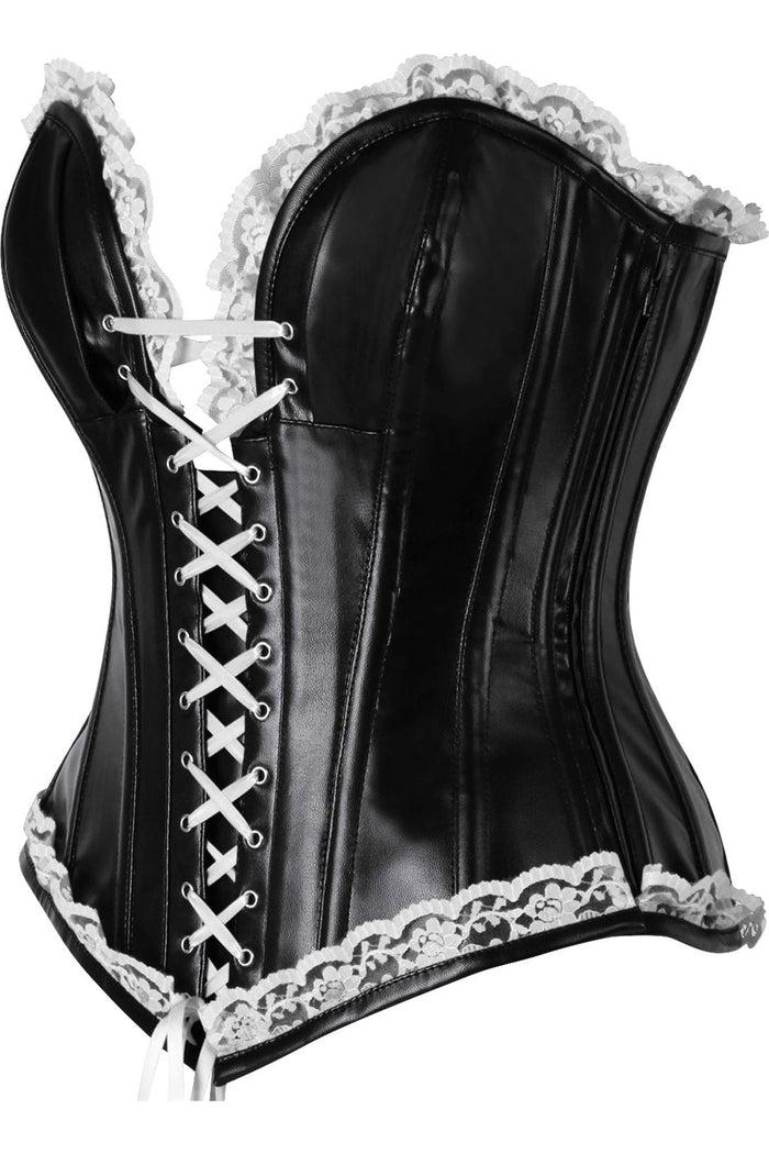 Daisy Beachwear Top Drawer Black Faux Leather & White Lace Trim Steel Boned Corset